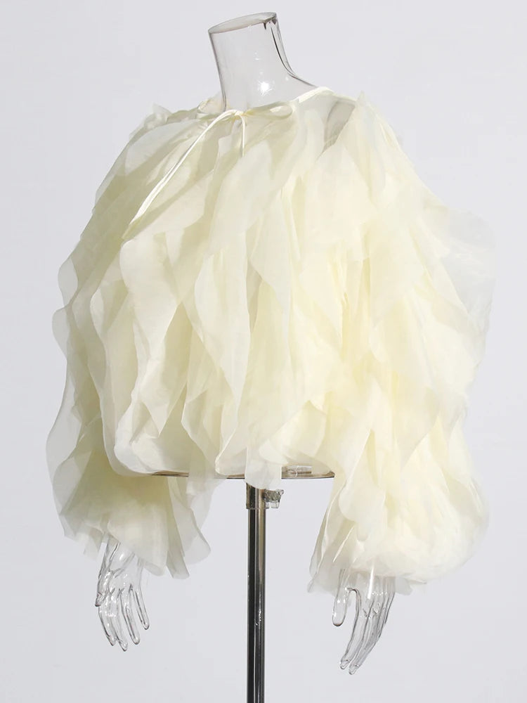 Vintage Patchwork Ruffle Shirt O Neck Lantern -Long Sleeve