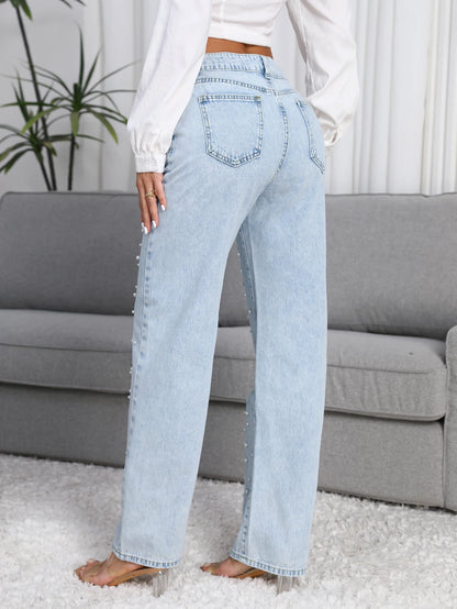 Straight-Leg Denim Jeans  Pearl Detail Casual Light Blue