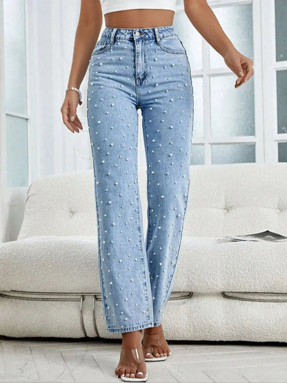 Straight-Leg Denim Jeans  Pearl Detail Casual Light Blue
