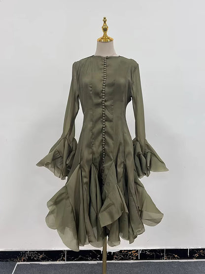 Slimming Dresses -  Long Sleeve High Waist Patchwork Ruffles