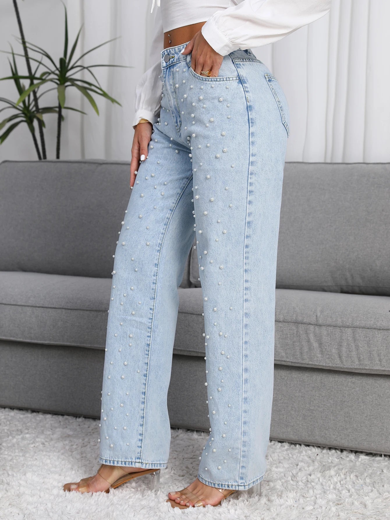 Straight-Leg Denim Jeans  Pearl Detail Casual Light Blue