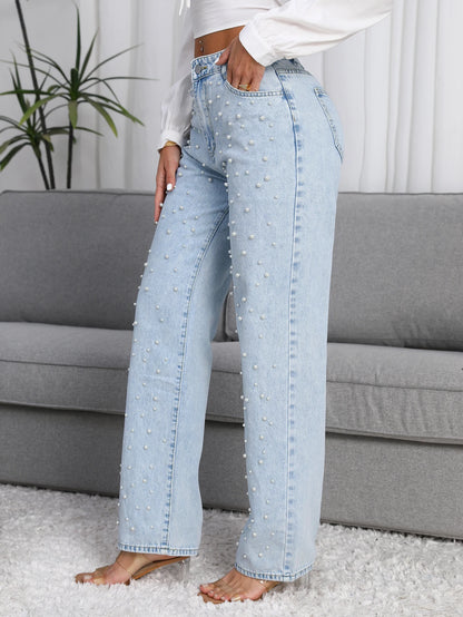 Straight-Leg Denim Jeans  Pearl Detail Casual Light Blue